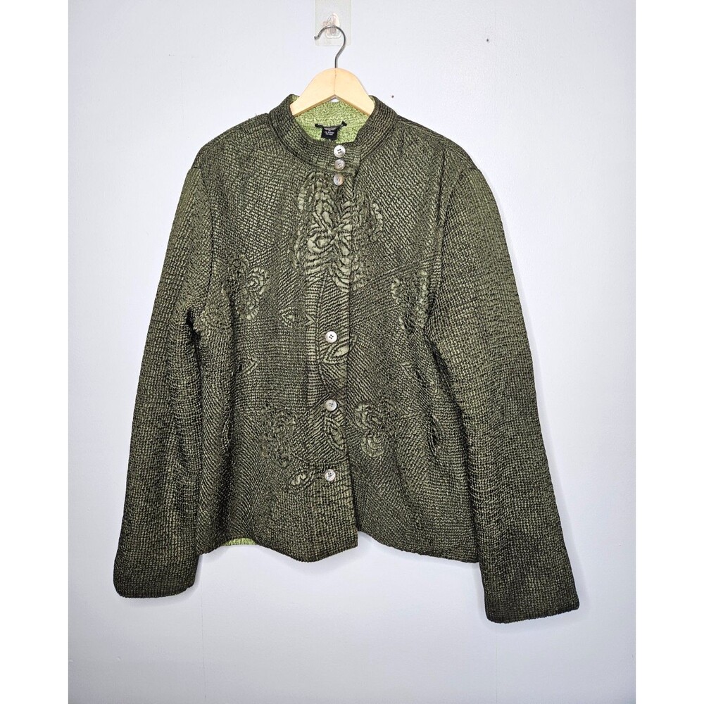 CAROLE LITTLE Reversible Crinkle Coat Green XL Lagenlook Artsy Abilone Buttons